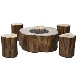 Gardenforma Sitzgruppen -Set: Gas Feuerstelle Manchester Aus Faserbeton In Baumstammoptik, Redwood & 4x Hocker -Webe Grill Geschaft OFG145RW Set Machester Sitzgruppe Silo